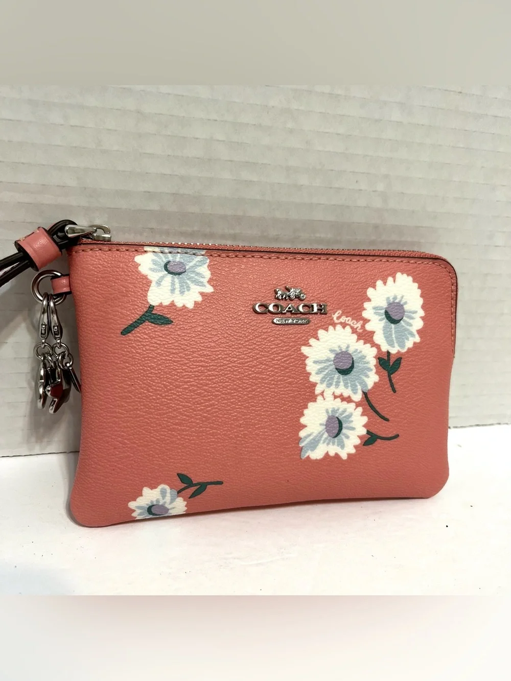 Coach Pink Floral Daisy Leather Wristlet with Charms NWOT